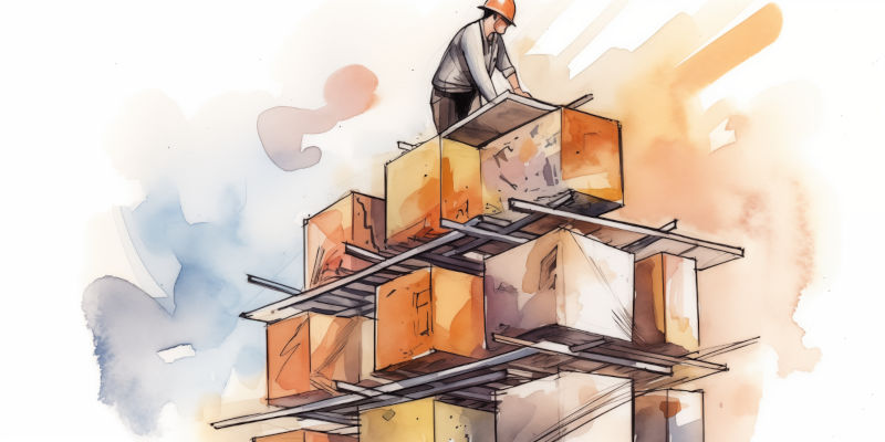 Watercolour illustration of a construction worker building a structure