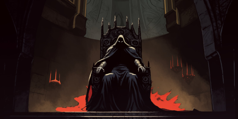 A dark shadowy figure sits on a throne in a Gothic cathedral